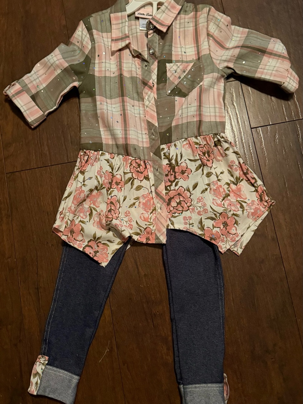 NWOT Little Lass Girls Pink & Olive Plaid Floral Hi-Low Shirt